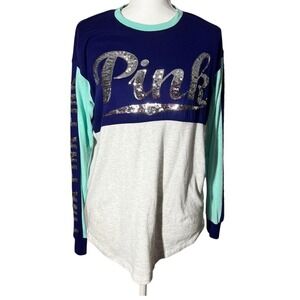 VS Pink XS Sequin Logo Long Sleeve Tee Colorblock Purple Mint White Bling Top
